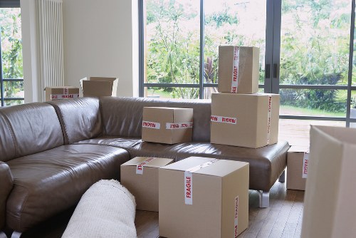 Interior of a storage unit with organized boxes and furniture